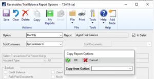 You can now copy report options from another report to the current report, make changes, and save changes. This is a fast way to set standard values for different reports.